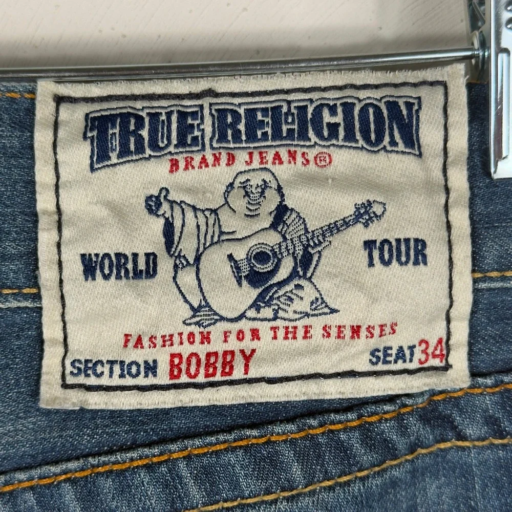 True Religion Bobby Jeans Mens 31 Blue Distressed Straight Leg Denim Pants